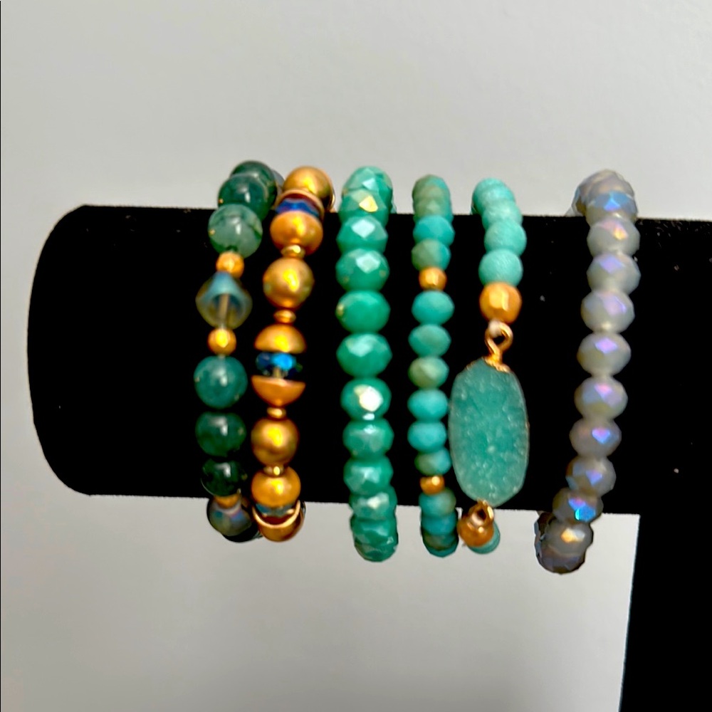 Natural Stone Green and Gold Beaded Bracelet Set